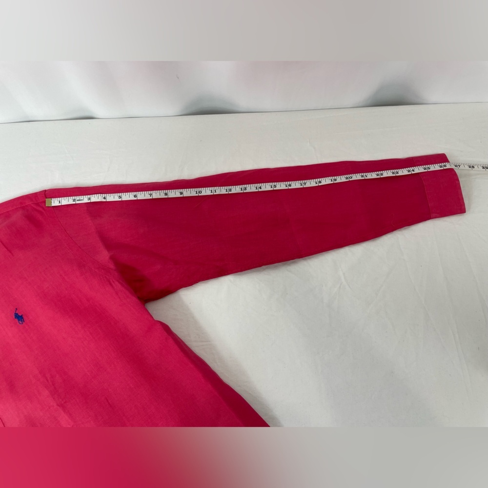 Ralph Lauren Custom Fit 100% Linen Pink Button Down Shirt XL Blue Pony - Picture 5 of 11